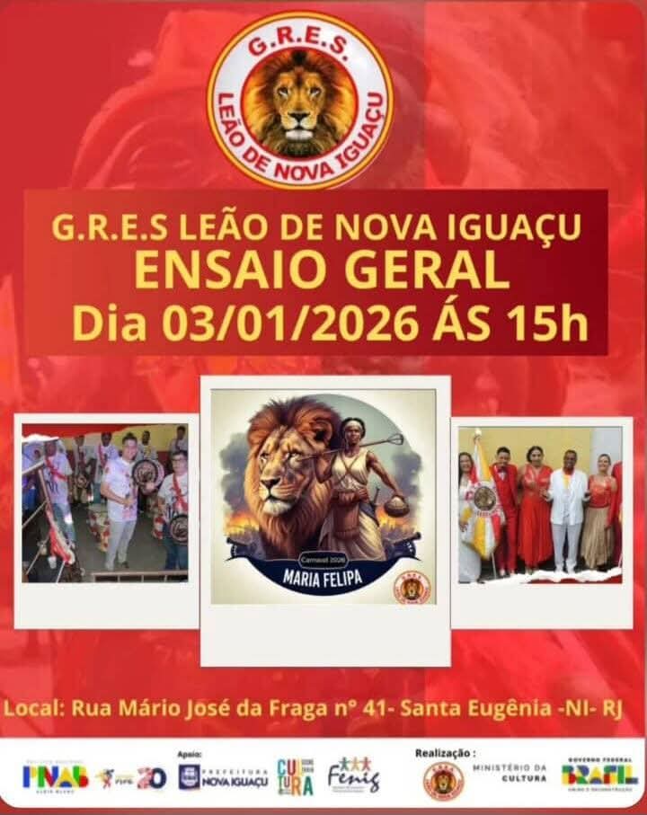 Cartaz do Ensaio Geral do GRES Leão de Nova Iguaçu, Carnaval 2026