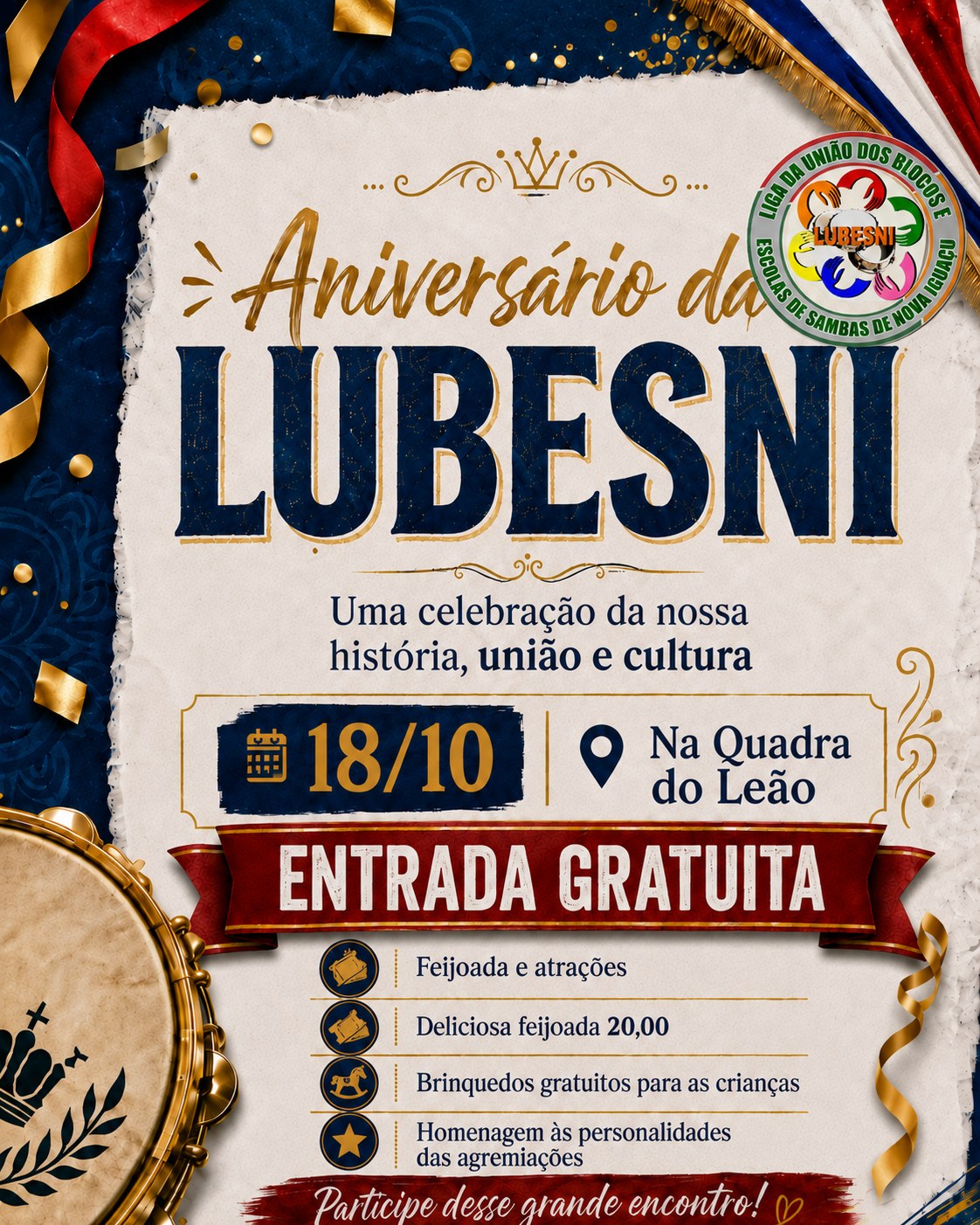 Cartaz oficial do Aniversário da LUBESNI, 18 de outubro de 2026, na Quadra do Leão de Nova Iguaçu