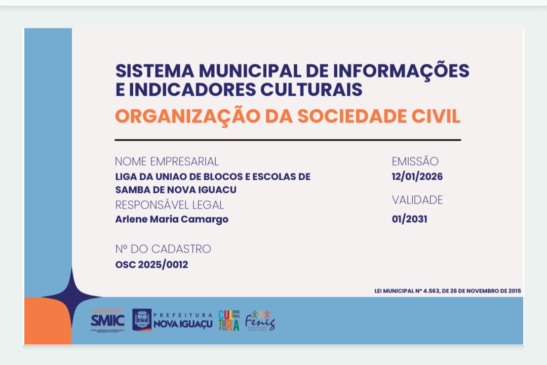 Certificado de cadastro da LUBESNI como Organização da Sociedade Civil, emitido pela Prefeitura de Nova Iguaçu